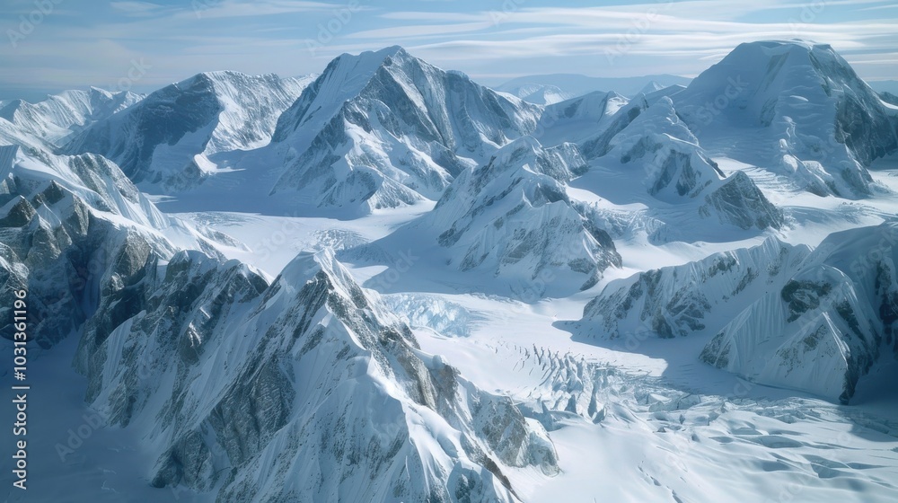 Poster a mountain range with snow and ice. the mountains are very tall and the snow is very deep. the sky i