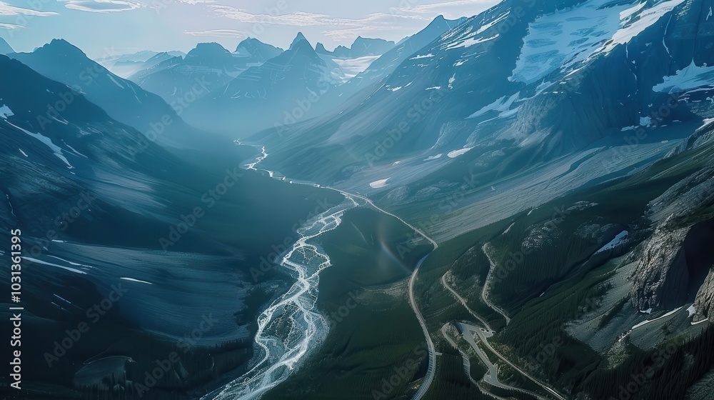 Poster A mountain range with a river running through it. The mountains are covered in snow and the river is clear. The scene is peaceful and serene