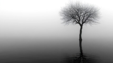 A solitary tree stands in a foggy landscape, reflecting in water.