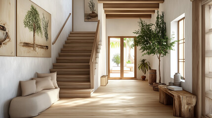 Staircase in the hallway, a wooden staircase with white walls and a wood floor