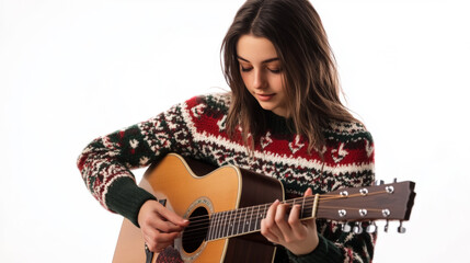 Fototapeta premium Young woman playing acoustic guitar in studio setting - cozy winter attire