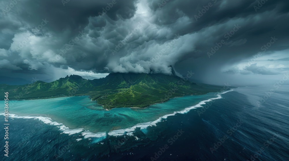 Aufkleber a stormy ocean with a mountain in the background. the sky is dark and cloudy. scene is ominous and f