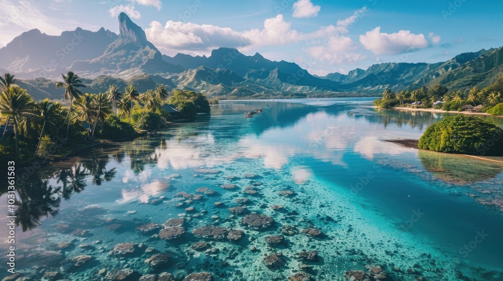 Aufkleber a beautiful blue ocean with a mountain in the background. the water is calm and clear. the sky is bl