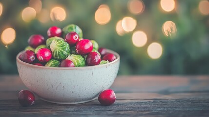 Vibrant bowl of cranberries and brussels sprouts on a wooden table