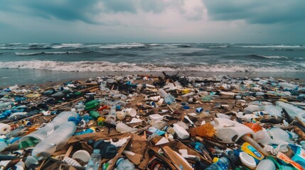 Marine Plastic Waste on Beach with Approaching Waves