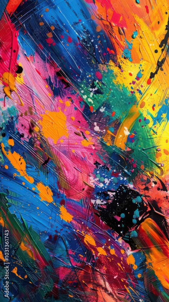 Poster Vibrant abstract expressionist wallpaper featuring dynamic splashes of color in various hues and textures