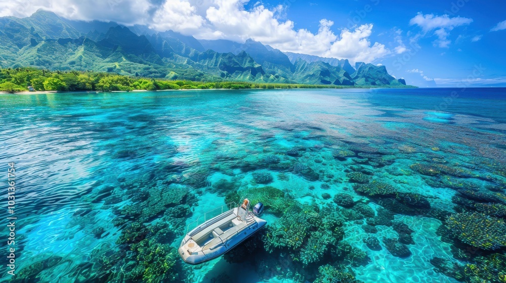 Poster a boat is floating in the ocean near a mountain range. the water is clear and blue, and the sky is c
