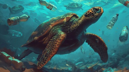 Fototapeta premium Sea Turtle Struggling with Plastic Waste in Ocean
