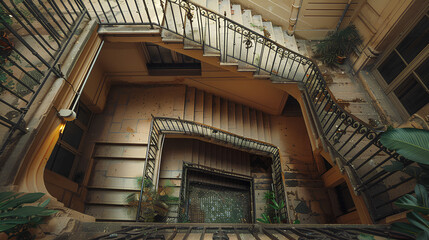 A view from above of a spiral staircase with black iron railings in an old building.
