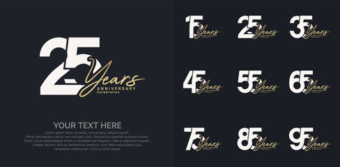 Anniversary logo set vector design, white and golden color for celebration event