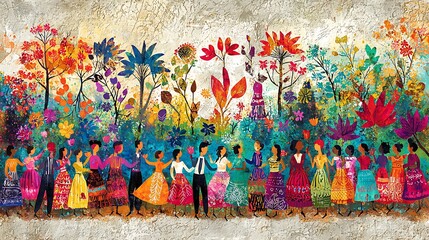 Fototapeta premium Colorful People In A Garden Painting Illustration