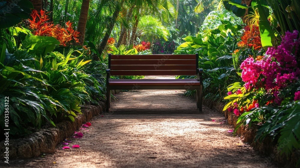 Poster a bench is sitting on a path in a garden