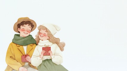 A couple holding small gifts and smiling, holiday joy, winter charm