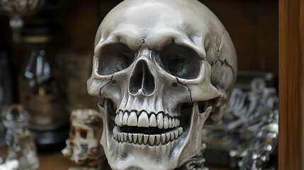 A decorative skull sculpture displayed among various artifacts.