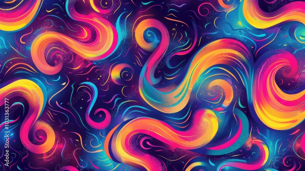 Aufkleber Vibrant psychedelic wallpaper featuring swirling patterns in bright colors against a dark background, creating a mesmerizing visual experience