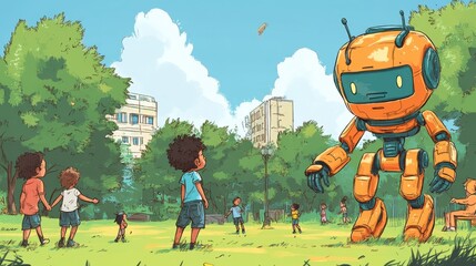 A group of children playing in a park with a robot in the background