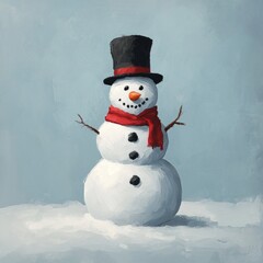 Obraz premium A cheerful snowman wearing a top hat and scarf in a snowy landscape.