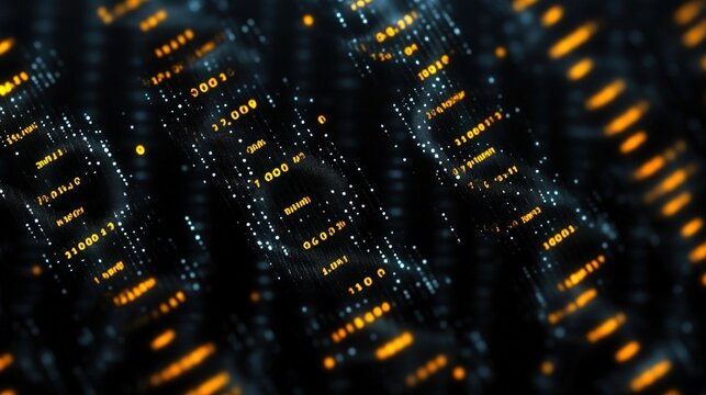 Abstract digital data representation with glowing elements on dark background.