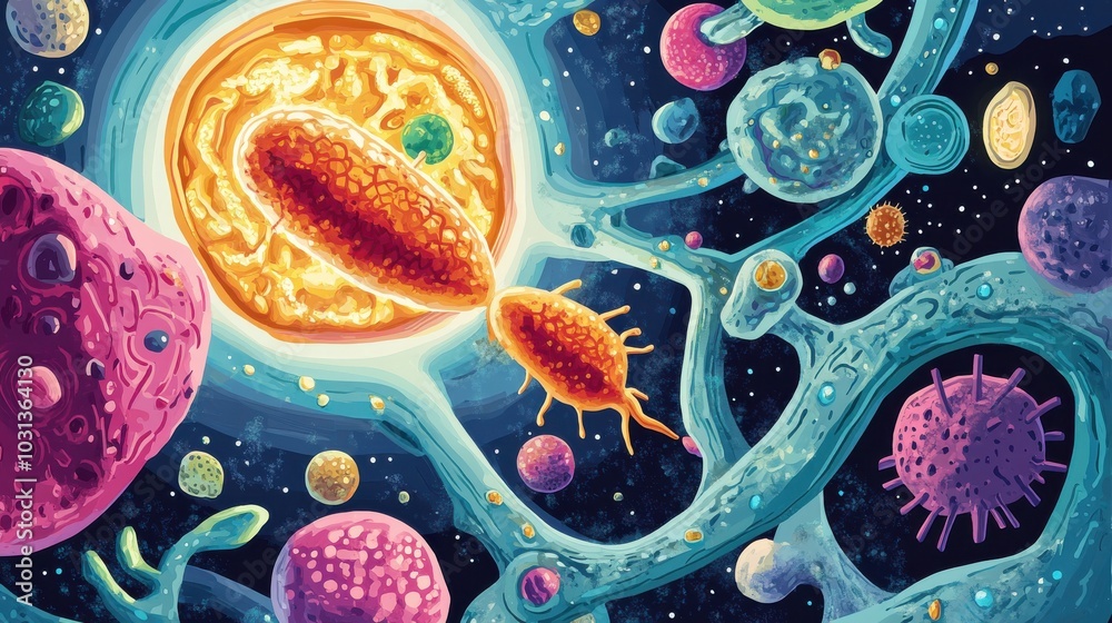Poster a colorful drawing of a cell with a virus inside