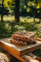 Fototapeta premium Granola bars stacked on wooden tray outdoors