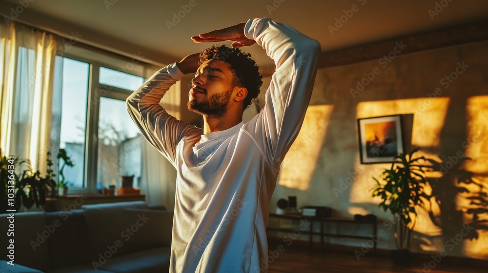 Poster a man is stretching in a living room with a potted plant in the background. the room has a warm and 