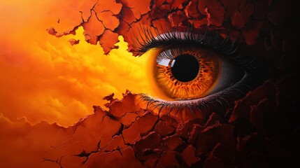 An intense eye emerging from cracked, fiery orange landscape.