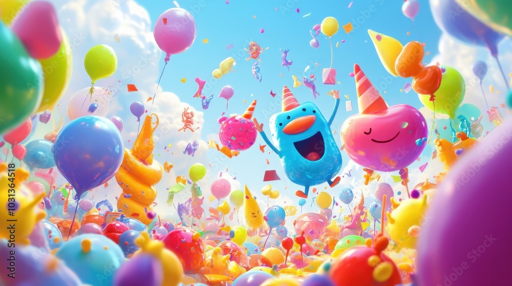 Poster A colorful scene of a party with many balloons and a happy character