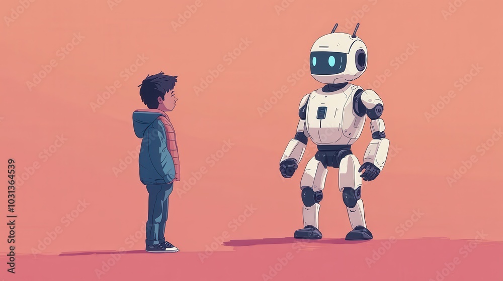 Poster a boy and a robot are standing next to each other