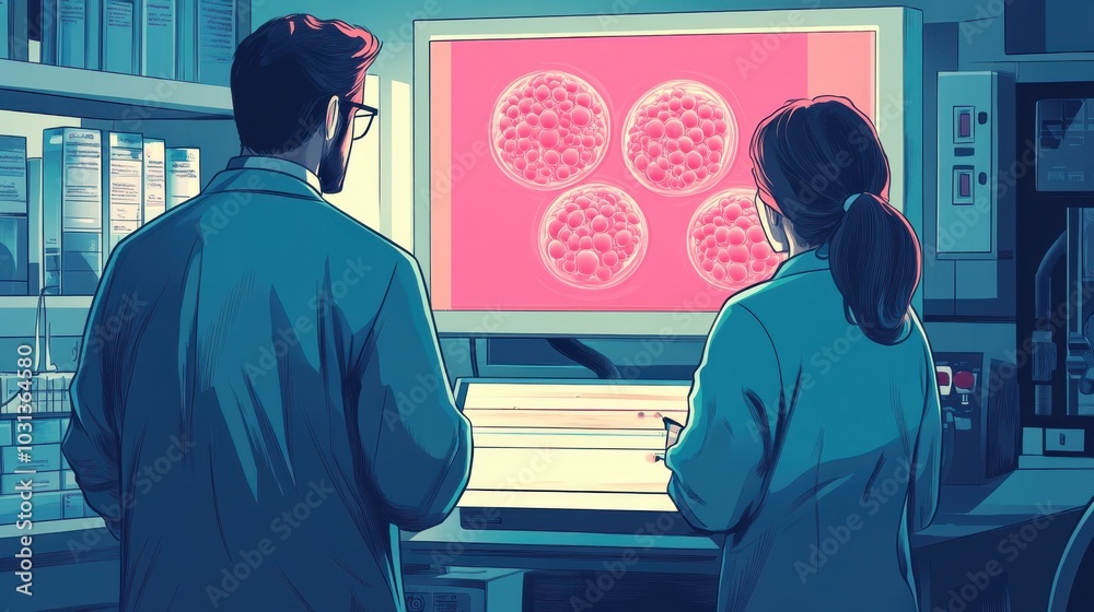 Poster Two scientists are looking at a computer screen with a pink image of a cell