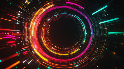 Obraz premium Abstract black background with Colorful circle lines. Digital future technology . Abstract business connection of lines from nodes innovation of communication in the network