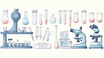 A collection of scientific instruments and glassware, including beakers