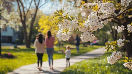 Obraz premium A family of three is walking down a path in a park. A young child is holding a camera