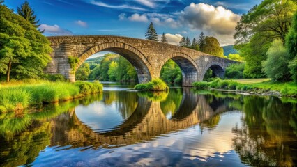 Fototapeta premium Arch stone bridge stretching over a tranquil river in a lush, scenic landscape, arch, stone, bridge, river, scenic