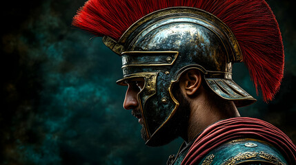 A Roman soldier in a detailed helmet, showcasing historical attire.