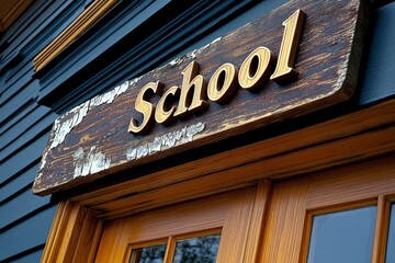 Obraz premium Simple wooden sign reading â€œSchoolâ€ above the door, with chipped paint and weathered wood