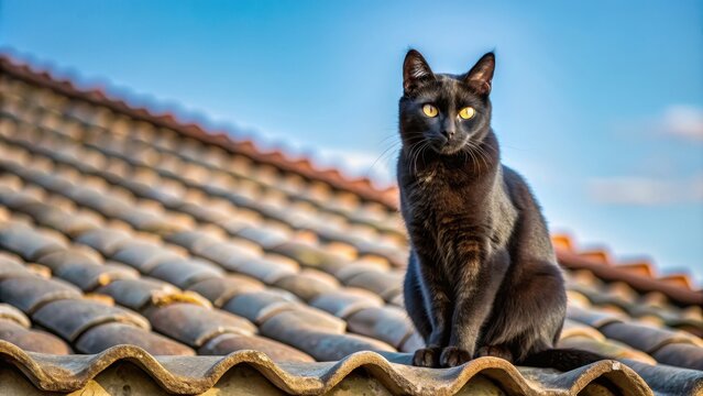 Black cat sitting on the edge of a roof watching the surroundings , black, cat, rooftop, watching, animal, feline, curiosity