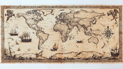 Antique World Map with Ships  Compass and Mythical Creatures