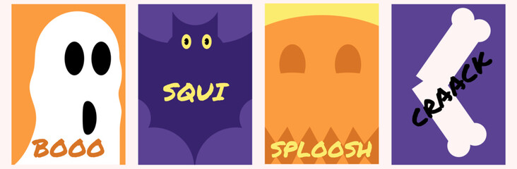 Geometric minimal Halloween cover art design vector with ghost, pumpkin, bats, broken bones card background. Bold impactful and fun. Mid night purple and orange