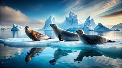 Fototapeta premium Double Exposure of Seals on Ice: Nature's Splendor and Fragility