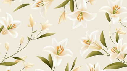 Fototapeta premium Elegant seamless floral pattern featuring hand-drawn vintage lilies and delicate branches on a soft faded backdrop