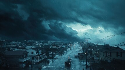 Urgent evacuation in a coastal town as hurricane warning sirens sound with dark clouds looming overhead