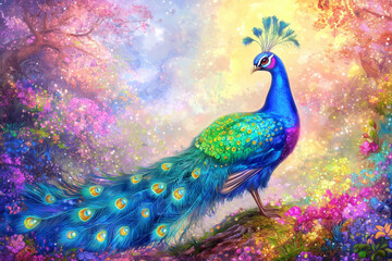 Obraz premium Vibrant peacock in a magical colorful forest