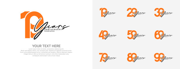 Anniversary logo set vector design, orange and gray color for celebration event