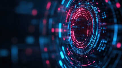 Futuristic digital interface with glowing blue and red elements on a dark background.