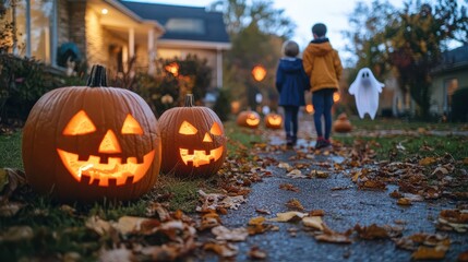 Trick or Treaters Walking Past Jack-O-Lanterns on Halloween Night.
