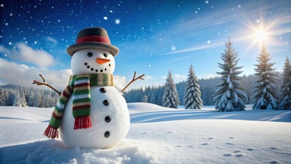 Fototapeta premium Snowman standing tall in a winter wonderland with a carrot nose and scarf, winter, holiday, Christmas, snow, decoration, frosty