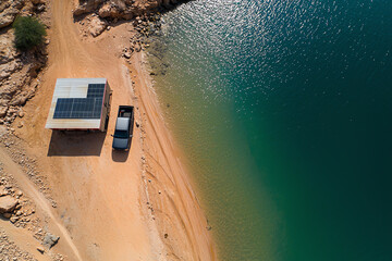 A top view of a solarpowered desalination plant, where solar energy is used to turn seawater into fresh water in an arid region