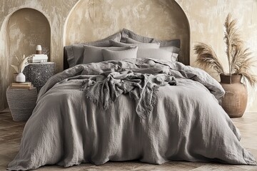 Grey Linen Bedding in Modern Bedroom.