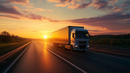 Truck driving on a highway at sunset with vibrant sky and open road