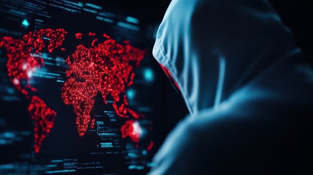 Hacker silhouette analyzing cyber data on a world map in dark ambiance.